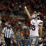
              Mississippi State wide receiver Austin Williams reacts after scoring a touchdown in the second half against Arizona during an NCAA college football game Saturday, Sept. 10, 2022, in Tucson, Ariz. (AP Photo/Chris Coduto)
            