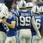 
              Indianapolis Colts place kicker Rodrigo Blankenship (3) walks off the field after missing a field goal in overtime of an NFL football game Sunday, Sept. 11, 2022, in Houston. (AP Photo/David J. Phillip)
            