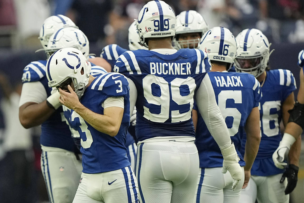Indianapolis Colts place kicker Rodrigo Blankenship (3) walks off the field after missing a field g...