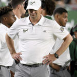 
              South Florida head coach Jeff Scott reacts during the second half of an NCAA college football game against BYU, Saturday, Sept. 3, 2022, in Tampa, Fla. (AP Photo/Jason Behnken)
            