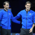 
              Team Europe's Roger Federer of Switzerland, and Rafael Nadal, of Spain gesture before a match Team Europe's Andy Murray against Team World's Alex de Minaur on day one of the Laver Cup tennis tournament at the O2 in London, Friday, Sept. 23, 2022. (AP Photo/Kin Cheung)
            