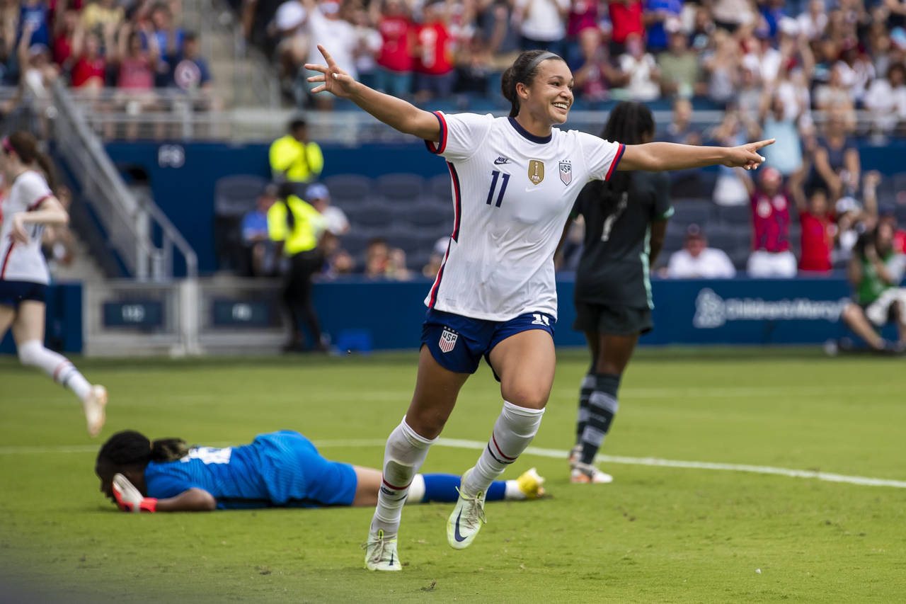 United States forward Sophia Smith (11) scores her second goal of the match during the first half o...