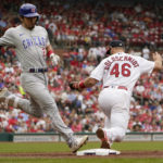 
              Chicago Cubs' Seiya Suzuki grounds out as St. Louis Cardinals first baseman Paul Goldschmidt (46) handles the throw during the sixth inning of a baseball game Sunday, Sept. 4, 2022, in St. Louis. (AP Photo/Jeff Roberson)
            