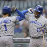 
              Kansas City Royals' MJ Melendez (1) celebrates his home run with Salvador Perez (13) against the Detroit Tigers in the first inning of a baseball game in Detroit, Wednesday, Sept. 28, 2022. (AP Photo/Paul Sancya)
            
