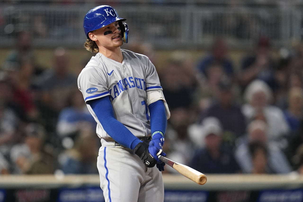 Kansas City Royals' Bobby Witt Jr. reacts after striking out during the seventh inning of the team'...