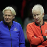 
              Team Europe's Captain Bjorn Borg, left, chats with Team World's captain John McEnroe, on the second day of the Laver Cup tennis tournament at the O2 in London, Saturday, Sept. 24, 2022. (AP Photo/Kin Cheung)
            