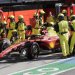 
              Ferrari driver Charles Leclerc of Monaco gets a pit service during the Italian Grand Prix race at the Monza racetrack, in Monza, Italy, Sunday, Sept. 11, 2022. (AP Photo/Ciro De Luca, Pool via AP)
            