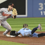 
              Toronto Blue Jays left fielder Raimel Tapia right, slides safely into second base with a steal ahead of a tag from Baltimore Orioles' Terrin Vavra in the second inning of a baseball game in Toronto on Sunday, Sept 18, 2022. (Jon Blacker/The Canadian Press via AP)
            