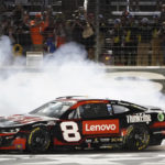 
              Tyler Reddick burns his tires after winning the the NASCAR Cup Series auto race at Texas Motor Speedway in Fort Worth, Texas, Sunday, Sept. 25, 2022. (AP Photo/Larry Papke)
            