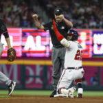 
              Atlanta Braves' Marcell Ozuna is safe at second after hitting a double during the third inning of the team's baseball game against the Miami Marlins on Saturday, Sept. 3, 2022, in Atlanta. (AP Photo/Bob Andres)
            