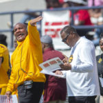 
              Grambling State coach Hue Jackson yells for his punt returner to move back during the first half of an NCAA college football game in Jackson, Miss., Saturday, Sept. 17, 2022. (Barbara Gauntt/The Clarion-Ledger via AP)
            