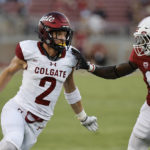 
              Colgate wide receiver Joshua Szott (2) battles with Stanford cornerback Kyu Blu Kelly (17) on the field in the third quarter of an NCAA college football game in Stanford, Calif., Saturday, Sept. 3, 2022. (AP Photo/Josie Lepe)
            