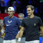 
              Switzerland's Roger Federer, right, and Spain's Rafael Nadal attend a training session ahead of the Laver Cup tennis tournament at the O2 in London, Thursday, Sept. 22, 2022. (AP Photo/Kin Cheung)
            