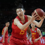 
              China's Han Xu gathers the ball during their game at the women's Basketball World Cup against the United States in Sydney, Australia, Saturday, Sept. 24, 2022. (AP Photo/Mark Baker)
            