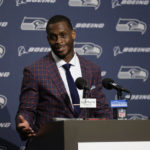 
              Seattle Seahawks quarterback Geno Smith talks to reporters during a press conference after an NFL football game against the Denver Broncos, Monday, Sept. 12, 2022, in Seattle. The Seahawks won 17-16. (AP Photo/John Froschauer)
            