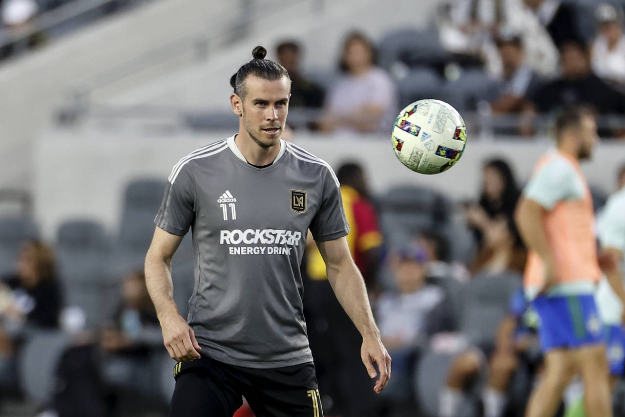 FILE - Los Angeles FC forward Gareth Bale warms up prior to the team's MLS soccer match against the...