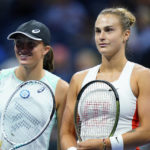
              Iga Swiatek, of Poland, left, poses for a photo with Aryna Sabalenka, of Belarus, during the semifinals of the U.S. Open tennis championships, Thursday, Sept. 8, 2022, in New York. (AP Photo/Frank Franklin II)
            