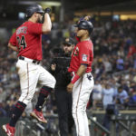 
              Minnesota Twins catcher Gary Sanchez (24) celebrates with Minnesota Twins first baseman Luis Arraez (2) after hitting a 3-run home run against the Los Angeles Angels in the fifth inning of a baseball game Saturday, Sept. 24, 2022, in Minneapolis. (AP Photo/Andy Clayton-King)
            