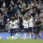 
              Tottenham's Son Heung-min celebrates with teammates after scoring during the English Premier League soccer match between Tottenham Hotspur and Leicester City at Tottenham Hotspur Stadium, in London, Saturday, Sept. 17, 2022. (AP Photo/David Cliff)
            