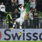 
              Manchester United's Cristiano Ronaldo celebrates after scoring his side's second goal on a penalty lick during the Europa League, group E soccer match between Sheriff Tiraspol and Manchester United at the Zimbru stadium, in Chisinau, Moldova, Thursday, Sept. 15, 2022. (AP Photo/Sergei Grits)
            
