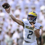 
              Delaware quarterback Nolan Henderson passes during the first half of an NCAA college football game against Navy, Saturday, Sept. 3, 2022, in Annapolis, Md. (AP Photo/Nick Wass)
            
