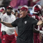 
              Indiana coach Tom Allen argues a call during the first half of the team's NCAA college football game against Idaho, Saturday, Sept. 10, 2022, in Bloomington, Ind. (AP Photo/Darron Cummings)
            