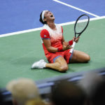 
              Ons Jabeur, of Tunisia, reacts after defeating Caroline Garcia, of France, in the semifinals of the U.S. Open tennis championships on Thursday, Sept. 8, 2022, in New York. (AP Photo/Matt Rourke)
            