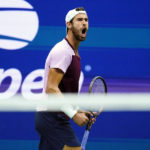 
              Karen Khachanov, of Russia, reacts after winning a point against Nick Kyrgios, of Australia, during the quarterfinals of the U.S. Open tennis championships, Tuesday, Sept. 6, 2022, in New York. (AP Photo/Frank Franklin II)
            