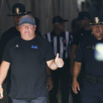 
              UCLA head coach Chip Kelly gives a thumbs up as he enters the field before an NCAA college football game against Alabama State in Pasadena, Calif., Saturday, Sept. 10, 2022. (AP Photo/Ashley Landis)
            