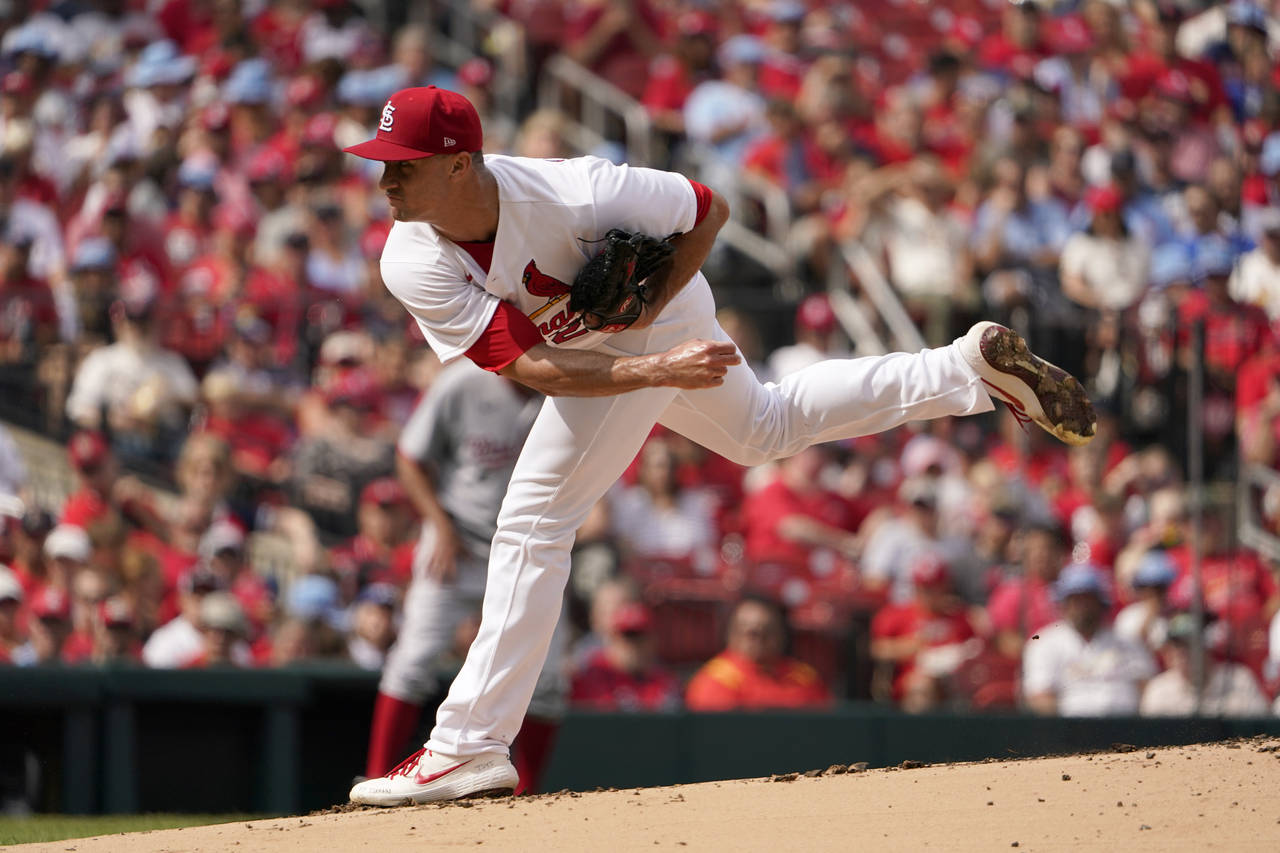 St. Louis Cardinals starting pitcher Jack Flaherty throws during the first inning of a baseball gam...
