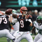 
              Cincinnati Bengals quarterback Joe Burrow looks to throw a pass during the first half of an NFL football game New York Jets, Sunday, Sept. 25, 2022, in East Rutherford, N.J. (AP Photo/Seth Wenig)
            