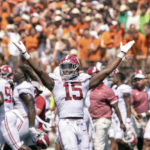 
              Alabama linebacker Dallas Turner (15) celebrates the end of the game as time runs out for Texas during the second half of an NCAA college football game, Saturday, Sept. 10, 2022, in Austin, Texas. Alabama defeated Texas 20-19. (AP Photo/Rodolfo Gonzalez)
            