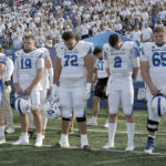 
              Members of the Indiana State NCAA college football team and fans observe a moment of silence for teammates Caleb VanHooser and Christian Eubanks before the start of the Sycamores' game against North Alabama at Memorial Stadium in Terre Haute, Ind., on Sept. 1, 2022. (Joseph C. Garza/The Tribune-Star via AP)
            