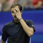 
              Daniil Medvedev, of Russia, reacts to his play against Nick Kyrgios, of Australia, during the fourth round of the U.S. Open tennis championships, Sunday, Sept. 4, 2022, in New York. (AP Photo/Adam Hunger)
            