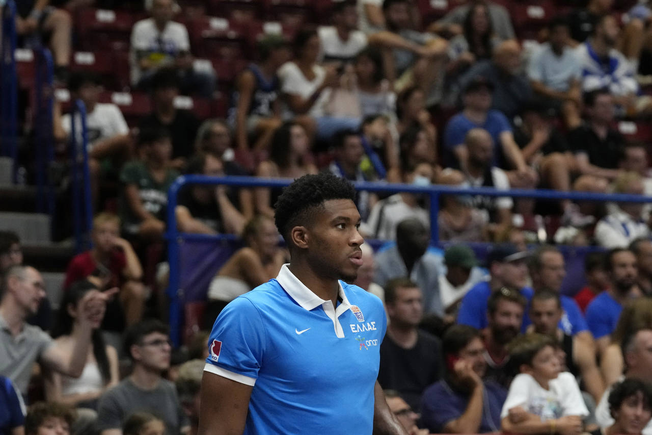 Greece's Giannis Antetokounmpo stands during the Eurobasket group C basketball match between Great ...