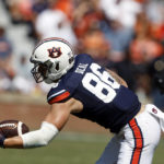 
              Auburn tight end Luke Deal catches a pass against Missouri during the second half of an NCAA college football game, Saturday, Sept. 24, 2022 in Auburn, Ala. (AP Photo/Butch Dill)
            