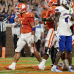 
              Clemson running back Will Shipley (1) celebrates a touchdown in the first half of the team's NCAA college football game against Louisiana Tech on Saturday, Sept. 17, 2022, in Clemson, S.C. (AP Photo/Jacob Kupferman)
            