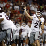 
              Mississippi State quarterback Will Rogers throws a touchdown in the second half against Arizona during a NCAA college football game Saturday, Sept. 10, 2022, in Tucson, Ariz. (AP Photo/Chris Coduto)
            