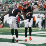 
              Cincinnati Bengals' Ja'Marr Chase (1) celebrates with Tee Higgins (85) after Chase caught a pass for a touchdown during the second half of an NFL football game against the New York Jets Sunday, Sept. 25, 2022, in East Rutherford, N.J. (AP Photo/Seth Wenig)
            