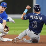 
              Toronto Blue Jays third baseman Matt Chapman prepares to tag out Tampa Bay Rays' David Peralta on an attempted steal of second during the fourth inning of the second baseball game of a doubleheader Tuesday, Sept. 13, 2022, in Toronto. (Frank Gunn/The Canadian Press via AP)
            