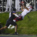 
              Miami (Ohio) wide receiver Mac Hippenhammer (0) can't hold on to the ball while being covered by Northwestern defensive back Theran Johnson (10) during the second half of an NCAA college football game Saturday, Sept. 24, 2022, in Evanston, Ill. (AP Photo/Matt Marton)
            