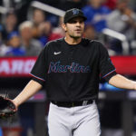 
              Miami Marlins relief pitcher Richard Bleier reacts to a balk call during the eighth inning of the team's baseball game against the New York Mets on Tuesday, Sept. 27, 2022, in New York. (AP Photo/Frank Franklin II)
            
