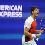 
              Carlos Alcaraz, of Spain, reacts after scoring a point against Frances Tiafoe, of the United States, during the semifinals of the U.S. Open tennis championships, Friday, Sept. 9, 2022, in New York. (AP Photo/Charles Krupa)
            