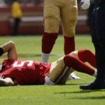 
              San Francisco 49ers quarterback Trey Lance (5) lies on the field after being tackled during the first half of an NFL football game against the Seattle Seahawks in Santa Clara, Calif., Sunday, Sept. 18, 2022. (AP Photo/Josie Lepe)
            