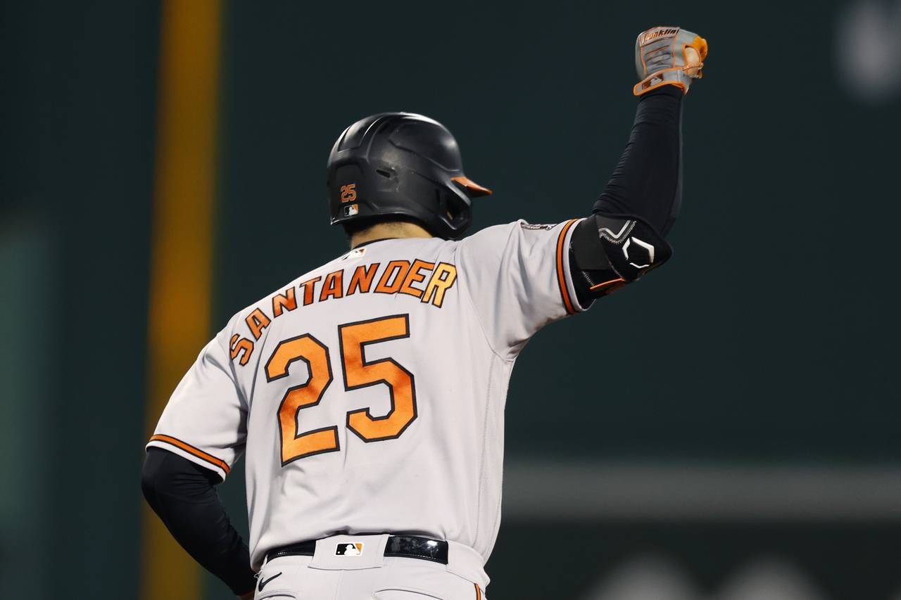 Baltimore Orioles' Anthony Santander rounds the bases on his two-run home run during the seventh in...