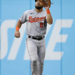 
              Baltimore Orioles right fielder Anthony Santander makes a catch for the out on Cleveland Guardians' Austin Hedges during the fifth inning of a baseball game Thursday, Sept. 1, 2022, in Cleveland. (AP Photo/Ron Schwane)
            