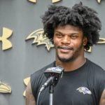 
              Baltimore Ravens' quarterback Lamar Jackson answers questions after practice on Wednesday, Sept. 7, 2022, in Owings Mills, Md. (Kevin Richardson/The Baltimore Sun via AP)
            