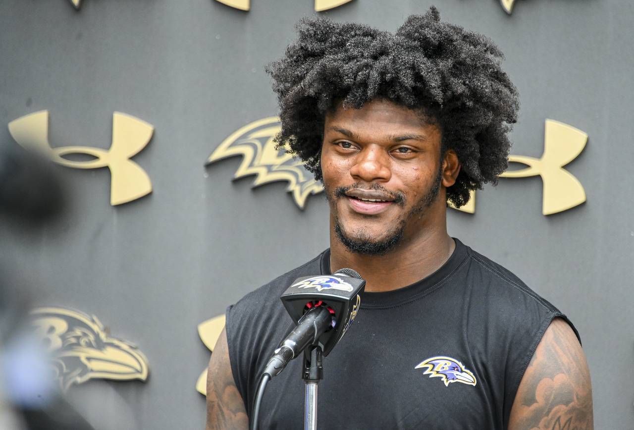 Baltimore Ravens' quarterback Lamar Jackson answers questions after practice on Wednesday, Sept. 7,...
