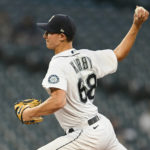 
              Seattle Mariners starting pitcher George Kirby throws against the Texas Rangers during the first inning of a baseball game, Wednesday, Sept. 28, 2022, in Seattle. (AP Photo/Caean Couto)
            