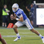 
              Duke quarterback Riley Leonard (13) carries the ball during the first half of an NCAA college football game against Temple in Durham, N.C., Friday, Sept. 2, 2022. (AP Photo/Ben McKeown)
            